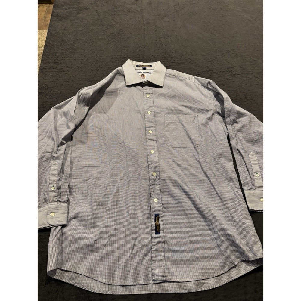 VTG Tommy Hilfiger Dress Shirt Size 17-33 Blue Small Plaid Long Sleeve
